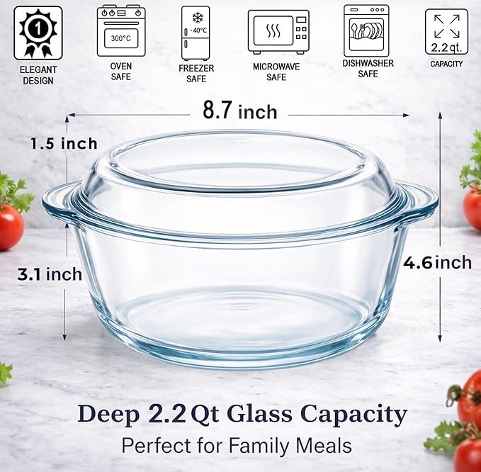 Ums 2.2 Quart Glass Casserole Dish with Lid, Round Glass Baking Dishes for Oven with Lid, Round Covered Casserole Dish, Microwave and Dishwasher Safe Clear Bakeware