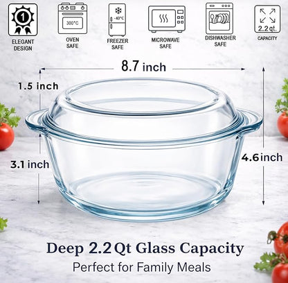 Ums 2.2 Quart Glass Casserole Dish with Lid, Round Glass Baking Dishes for Oven with Lid, Round Covered Casserole Dish, Microwave and Dishwasher Safe Clear Bakeware