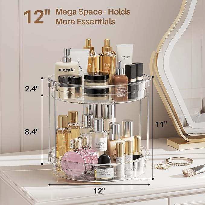 LAMU 12inch 2 Tier Lazy Susan Turntable Organizer Rotating Spice Rack Organization for Cabinet, Kitchen, Pantry, Countertop, Bathroom, Vanity, Medicine Cabinet Organizer, Clear - Image 3