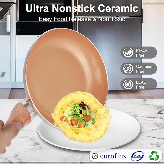 M MELENTA Pots and Pans Set Ultra Nonstick, Pre-Installed 11pcs Cookware Set Copper with Ceramic Coating, Stay cool handle & Nylon Kitchen Utensils, Gas/Induction Compatible, 100% PFOA Free - Image 3