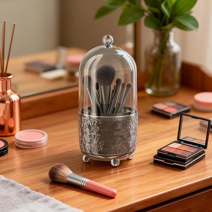Makeup Brush Holder with Lid, Cosmetic Tools Organizer with Cover, 360° Rotating Sliding Opening Dustproof Brushes Container for Vanity, Ideal Gift for Girlfriend Wife Friends (Gray)