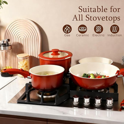 GIPP 11PCS Ceramic Pots and Pans Set Non Stick, Nonstick Cookware Set Detachable Handle, Red Black Gradien Pots and Pans Induction Kitchen Cooking Sets, RV Cookware Sets for All Stoves