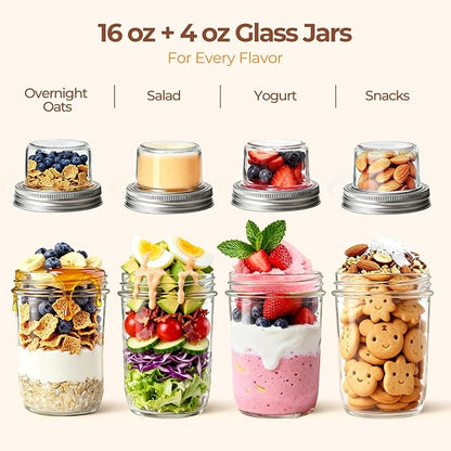 ComSaf Overnight Oats Containers with Lids (16OZ+4OZ, 2PCS) On-The-Go Dual-Laryer Yogurt Parfait Cups with Dry and Wet Separation Mason Jars for Chia Pudding Cereal Nut Fruit Meal Prep Salad - Image 5