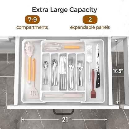 ukeetap Extra Large Expandable Silverware Organizer, BPA-Free Food-Safe Cutlery Flatware Organizer, Kitchen Utensil Drawer Organizer, Adjustable Silverware Holder for Spoons Forks Knives, White - Image 2