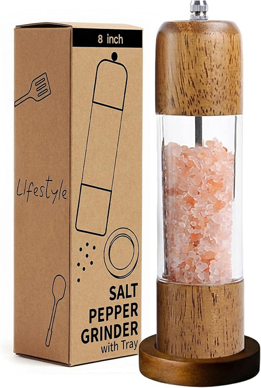 Wood Salt and Pepper Grinder, Salt Grinder and Pepper Mill, Oak Wood Shakers with Adjustable Ceramic Grinders (8″ - 1 Pack with Tray)