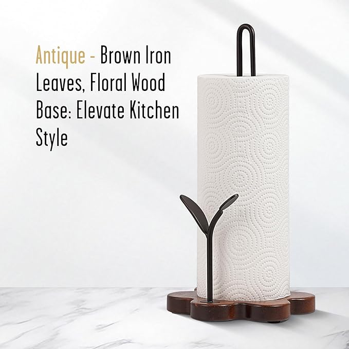 Wooden Paper Towel Holder Countertop, Floral Base with Dual Iron Rods in Antique Brown Finish, Leaf-Shaped Accent, Stable & Durable, Non Slip Pads, Elegant Kitchen/Dining Décor