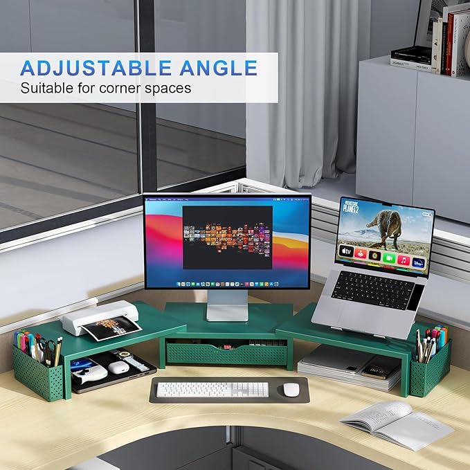 gianotter Dual Monitor Stand Riser, Desk Organizer With Drawer and 2 Pen Holders, Monitor Stand for Desk, Office Decor Essentials (Green) - Image 4