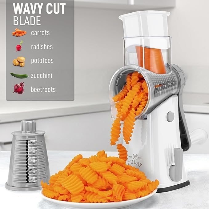 Zulay Kitchen Rotary Cheese Grater 5 Blade Cheese Shredder - Manual Hand Crank Cheese Grater With Reinforced Suction & 5 Interchangeable Drums - Easy to Use, Vegetable Chopper Round Mandoline Slicer - Image 4