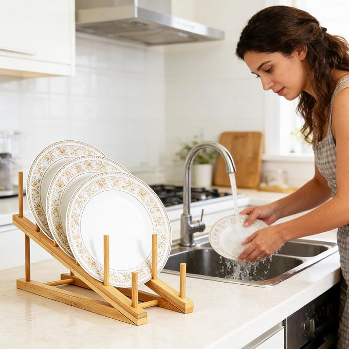6 Pack Dish Rack Bamboo Drying Rack Wooden Plate Dish Rack Cabinet Organizer Kitchen Pot Lid Stand for Dish, Plate, Cup, Bowl, Cutting Board - Image 5