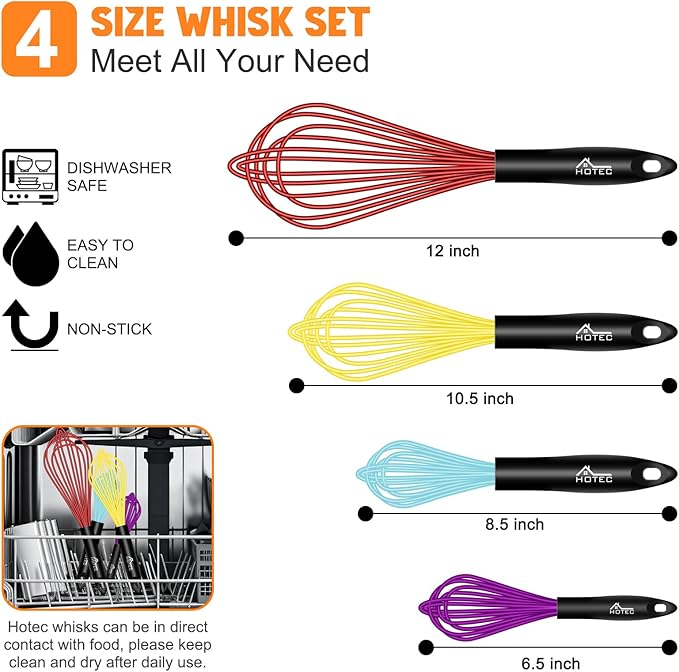 HOTEC 4 Pieces Silicone Whisks Set, Wire Balloon Whisks Egg Beater, Non-slip Handle Whisk for Non-stick Cookware Perfect for Cooking, Stirring, Beating and Blending (Multicolor) - Image 2