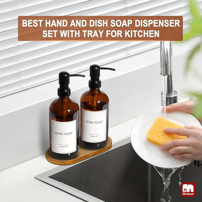 GMISUN Amber Glass Soap Dispenser, 2 Pack Bathroom Hand Soap Dispensers with Bamboo Tray, 17 Fl Oz Kitchen Hand and Dish Soap Dispenser Set, Modern Vintage Liquid Brown Soap Dispensers Bottle - Image 6