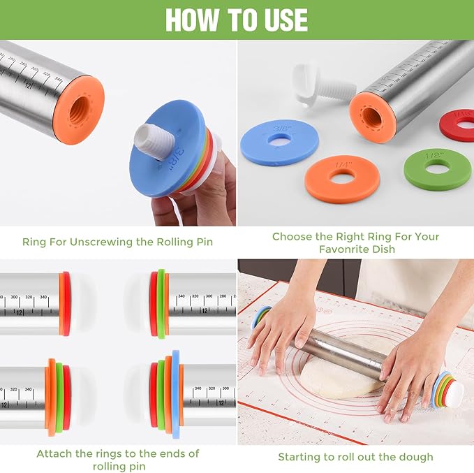 Rolling Pin with Adjustable Thickness Rings for Baking,Stainless Steel Dough Roller,Baking Supplies for Cookie Fondant Pizza Cake Pasta - Image 3