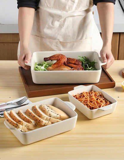 Sweejar Ceramic Bakeware Set, Rectangular Baking Dish for Oven Lasagna Pans for Cooking, Kitchen, Cake Dinner, Banquet and Daily Use, 11.8 x 7.8 x 2.76 Inches of Casserole Dishes (Beige) - Image 4