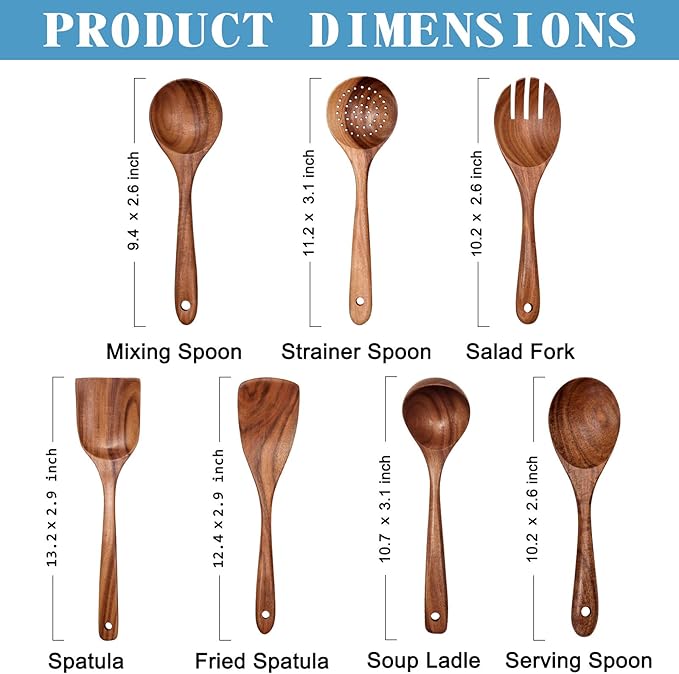 Wooden Non-Stick Kitchen Pan Toolset 7 Pieces Set, Natural Kitchen Utensils Spatula, Wooden Cooking Utensils Spoons, Fried Spatula and Salad Fork - Image 2