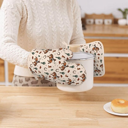 Western Cactus Cowboy Boho Silicone Oven Mitts Pan Mats Set of 2, Heat Resistant Gloves Potholder with Non-Slip Grips Hanging Loops Pot Holder, Spring Summer for Chef Cooking, Baking, Grilling, BBQ