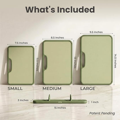 SMIRLY Plastic Cutting Board Set with Holder, Non-Slip Chopping Boards for Kitchen, Dishwasher Safe, Essential Kitchen Gadgets, 3 Pack, Green