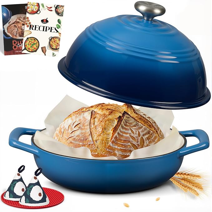 Overmont Enameled Cast Iron Bread Oven - 6QT Bread Dutch Oven for Sourdough Baking - Bread Pot with Dome Lid Cotton Potholders & Cookbook - Multi-Functional Bread Pan For Baking Frying Roasting by Overmont