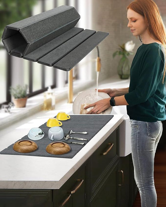 Large Stone Dish Drying Mat for Kitchen Counter, 24x16 Inches Foldable Food-grade Material Super Absorbent Diatomaceous Earth Mats with Self-drying for Dishes Sink Bathtub, Dark Grey
