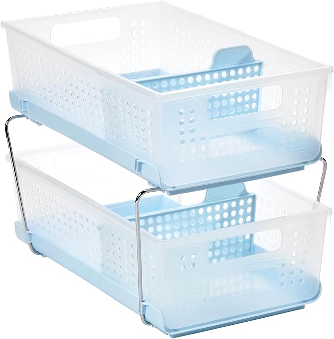 madesmart Two-Tier Bathroom Cabinet Organizer, Sliding Drawer Storage for Bottles, Sponges & Cleaning Supplies, Blue - Image 3
