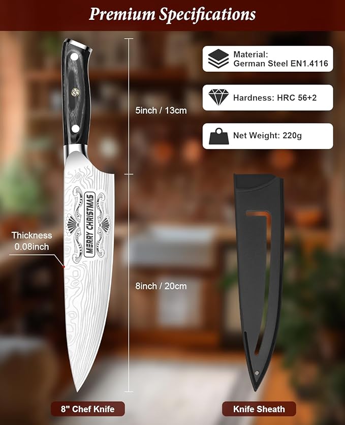 MOSFiATA Gifts for Him Her Men Women Husband, Christmas Xmas Stocking Stuffers, Birthday Gifts ideas for Him Her, 8 inch Pro German Chef Knife, Kitchen Knife Gift Set - Image 3