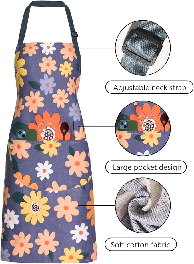 2 Pack Floral Apron for Women with Pockets, Adjustable Cotton Chef Aprons for Kitchen, Cooking, BBQ & Grill
