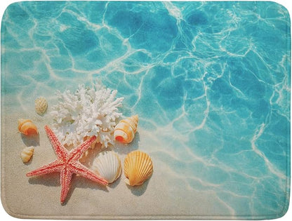 Giwawa Coastal Starfish Dish Drying Mat 18"x24" Ocean Blue Sea Coral Seashell Dish Drainer Mats Nautical Beach Themed Decorative Reversible Dish Drying Pad for Kitchen Countertop Dining Room