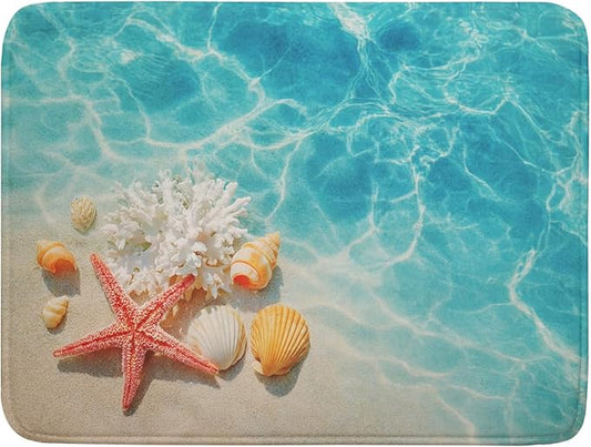 Giwawa Coastal Starfish Dish Drying Mat 18"x24" Ocean Blue Sea Coral Seashell Dish Drainer Mats Nautical Beach Themed Decorative Reversible Dish Drying Pad for Kitchen Countertop Dining Room