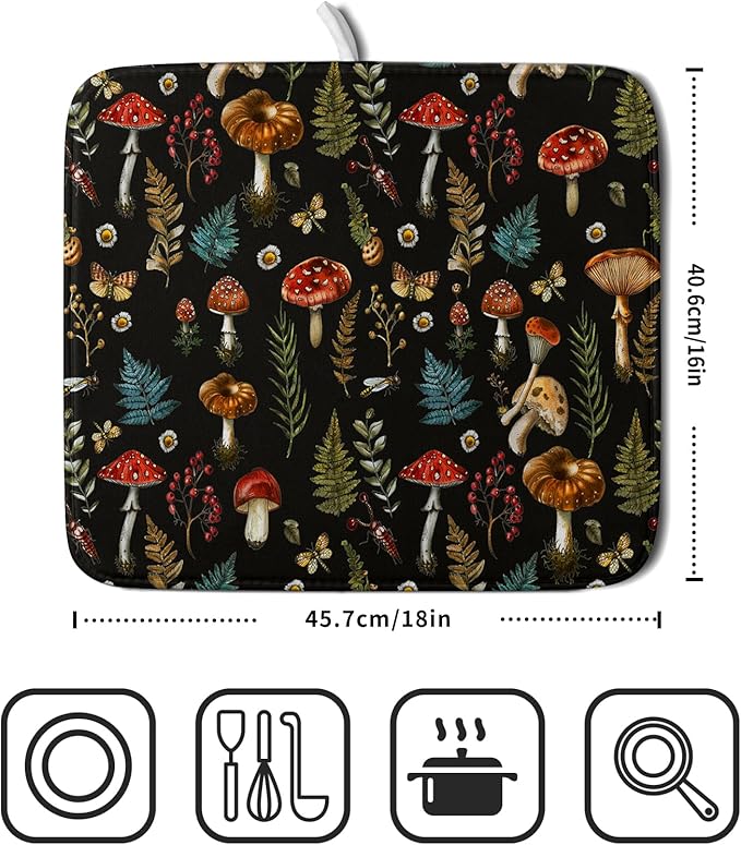 Mushroom Forest Dish Drying Mat Fern Leaves Black Drainer Mat for Kitchen Countertop 16 X 18 Inch - Image 2