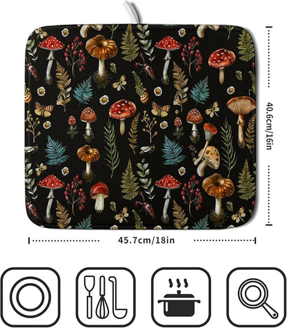 Mushroom Forest Dish Drying Mat Fern Leaves Black Drainer Mat for Kitchen Countertop 16 X 18 Inch - Image 2