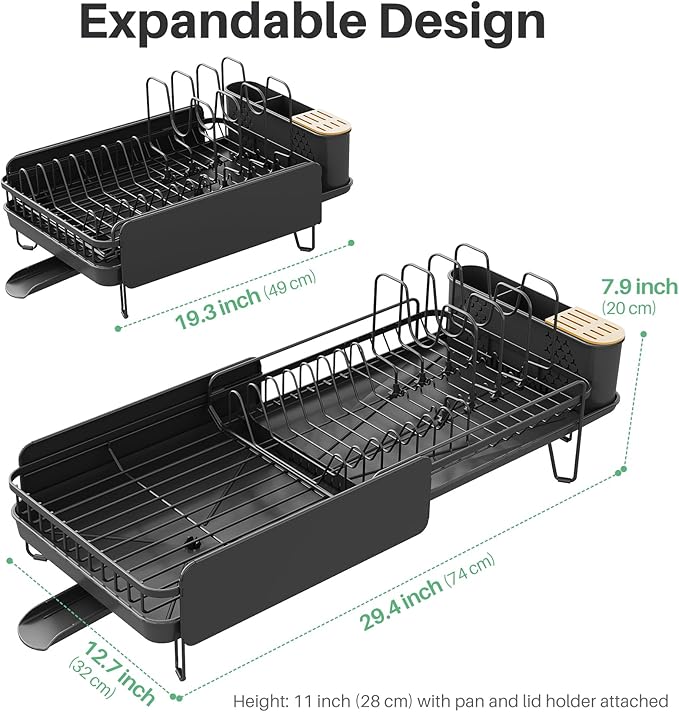 SNTD Large Dish Drying Rack - Expandable (19.3" to 29.4") Dish Rack for Kitchen Counter, Stainless Steel Dish Drainer with Utensil Holder, Pan Holder & Pot Lid Holder (Black) - Image 3
