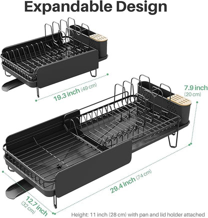 SNTD Large Dish Drying Rack - Expandable (19.3" to 29.4") Dish Rack for Kitchen Counter, Stainless Steel Dish Drainer with Utensil Holder, Pan Holder & Pot Lid Holder (Black) - Image 3