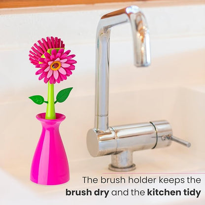 Vigar Flower Power Dish Brush with Handle and Vase Dish Brush Holder, Kitchen Scrub Brush for Pot Scrubber, Dishes, and Sink Cleaning, Pink, Green - Image 7