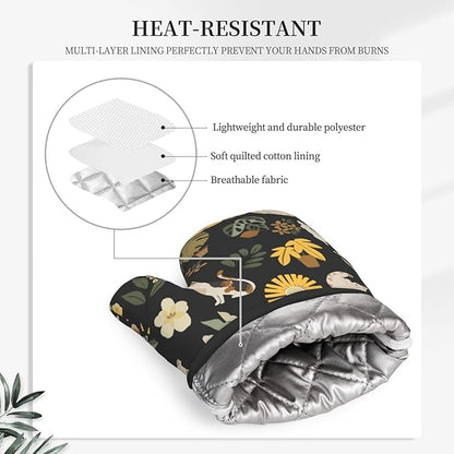 Cute Cats Flowers Garden Silicone Oven Mitts Pan Mats Set of 2, Heat Resistant Gloves Potholder with Non-Slip Grips Hanging Loops Pot Holder, Spring Summer for Chef Cooking, Baking, Grilling, BBQ