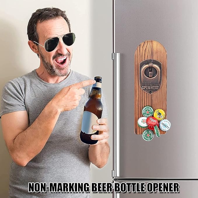 Beer Bottle Opener Wall Mounted with Magnetic Cap Catcher, Wooden Magnetic Bottle Opener for Fridge, Vintage Beer Gifts for Men, Man Cave Decor, Gifts for Men and Beer Lovers (Style 1)
