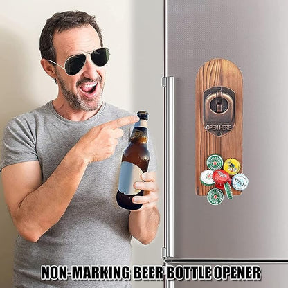 Beer Bottle Opener Wall Mounted with Magnetic Cap Catcher, Wooden Magnetic Bottle Opener for Fridge, Vintage Beer Gifts for Men, Man Cave Decor, Gifts for Men and Beer Lovers (Style 1)