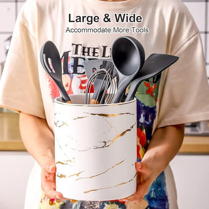 7" Marble Utensil Holder, Large Kitchen Utensil Holder Organizer , Golden Marble White Stable Utensil Crock Spatula Holder for Kitchen Counter Countertop Farmhouse Cooking Tools Holder - Image 4
