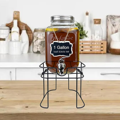 1 Gallon Glass Drink Dispenser for Parties, 1PCS Juice Lemonade Ice Tea Water Dispenser with Stand, HENABLE Beverage Dispensers with Spigot for BBQ, Picnic, Party - Image 2