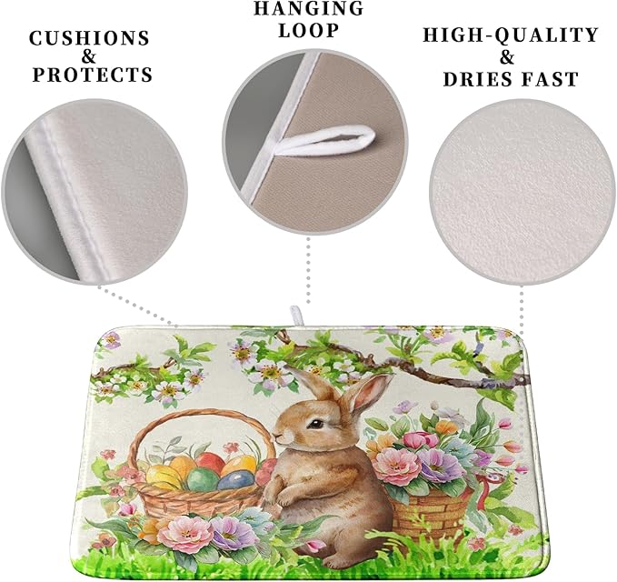 Easter Egg Bunny Dish Drying Mat for Kitchen Counter Floral Flower Basket Drying Mats Absorbent Dish Pad Spring Summer Holiday Medium Dish Draining Mat 18x24 inch - Image 3