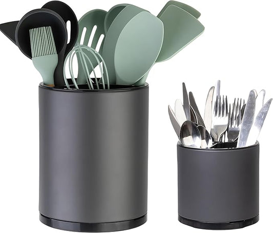 LIBODOUR Kitchen Utensil Holder Extra Large Rotating For Counter Organizer Stainless Steel Storage Cooking Silverware Caddy 3 Compartment Flatware Spoon Spatula Tool Cutlery Container（2 Set Grey） by ModernandFarmhouseUtensilHolder