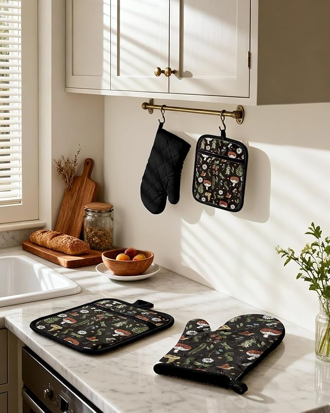 Miss Adola Cotton Oven Mitts and Pot Holders Sets - Quilted Lining Heat Resistant 4 Pieces Set with Hanging Loop Cute Farmhouse Boho Spring Kitchen Decor and Accessories, Black Mushroom - Image 2