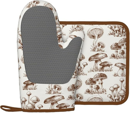 Aesthetics Mushroom Silicone Oven Mitts Pan Mats Set of 2, Heat Resistant Gloves Potholder with Non-Slip Grips Hanging Loops Pot Holder, Spring Summer for Chef Cooking, Baking, Grilling, BBQ