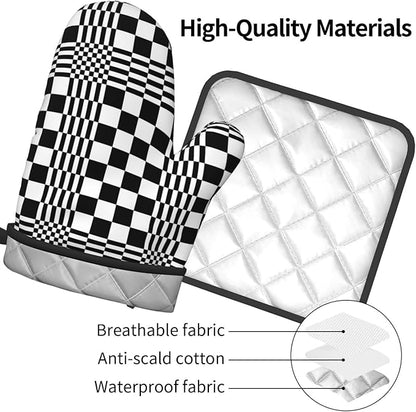 Black and White Optical Illusion Checkered Oven Mitt & Pot Holder Set (3-Piece) - Heat Resistant Non-Slip Kitchen Gloves Gift for Cooking Enthusiasts, Modern Kitchen Decor for Baking Grilling, Black - Image 8