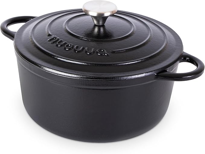 Cast Iron Pot with Lid – Non-Stick Ovenproof Enamelled Casserole Pot, Oven Safe up to 500° F – Sturdy Dutch Oven Cookware – Black, 5-Quart, 24cm – by Nuovva by Nuovva