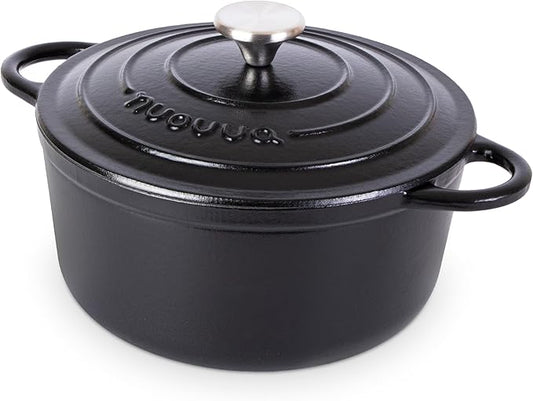 Cast Iron Pot with Lid – Non-Stick Ovenproof Enamelled Casserole Pot, Oven Safe up to 500° F – Sturdy Dutch Oven Cookware – Black, 5-Quart, 24cm – by Nuovva by Nuovva
