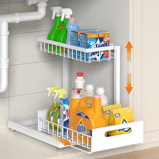 Saydear Under Sink Organizer Storage 2-Tier Premium Metal Pull-Out Kitchen Cabinet Organizer with Sliding Drawer, Height Adjustable, Heavy Duty for Kitchen & Bathroom Organizers 1 Pack White by Saydear