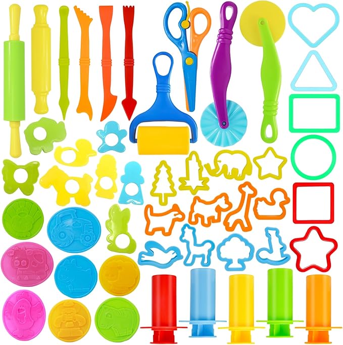LCY WEDSHI Dough Tool Set, 49 Pcs Dough Tools Sets for Kids Ages 4-8, Dough Accessories Includes Animal Molds, Cutters Roller, Rolling Pins, Safety Scissors, Plastic Knife by LCYWEDSHI