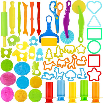 LCY WEDSHI Dough Tool Set, 49 Pcs Dough Tools Sets for Kids Ages 4-8, Dough Accessories Includes Animal Molds, Cutters Roller, Rolling Pins, Safety Scissors, Plastic Knife by LCYWEDSHI