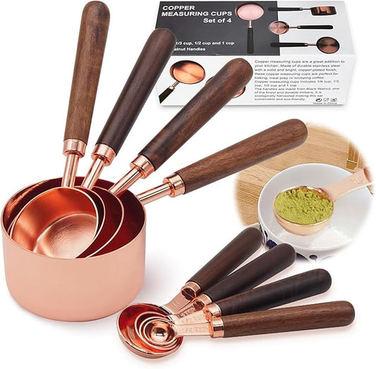 Premium Measuring Cups and Spoons Set with Wood Handle, 8-Pieces Stainless Steel Nesting Kitchen Measuring Set for Baking, Cooking, Coffee with Ergonomic Grip & Engraved Markings (Rose Gold8)