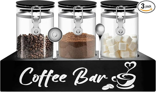 MACIFECI Glass Coffee Containers with Shelf Coffee Station Organizer 54oz Black Glass Coffees Bean Storage Canister with Spoon Coffee Canister Set Kitchen Food Storage Jars for Coffee/Sugar/Candy
