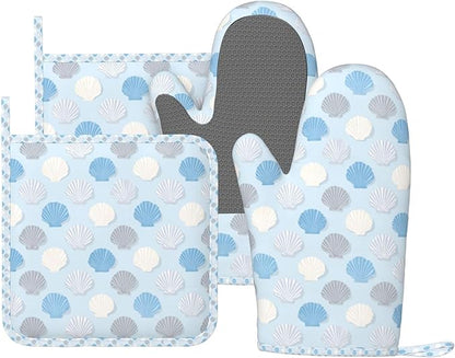 Oven Mitts and Pot Holders Summer Seashell Blue Pastel Silicone Kitchen Accessories Set of 4 Heat Resistant Long Gloves Potholder Non-Slip Grip for Chef Baking Cooking Grilling BBQ